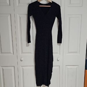 Moda International Shimmer Ribbed Maxi Dress with Slit – Black w/ Purple Sparkle